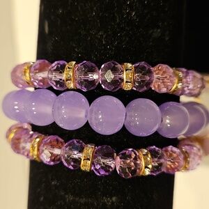3 Purple Glass, Crystal & Rhinestone Beaded Stretch Bracelet Set with Charms